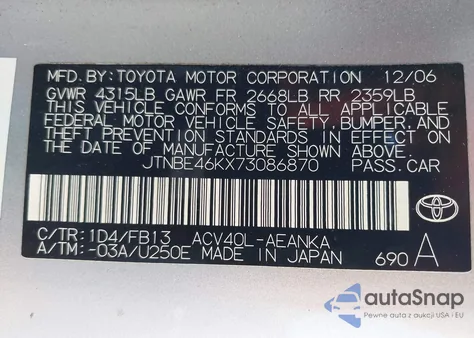 2007 Toyota Camry Le from USA, damaged, VIN JTNBE46KX73086870